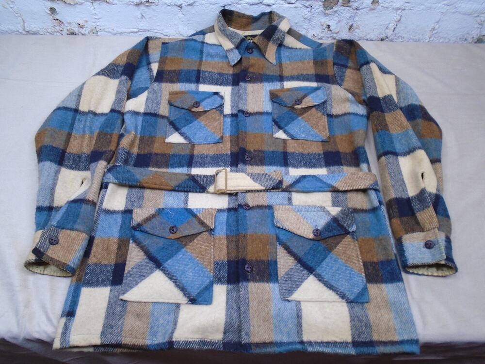 Vintage 70s 80s Hunt Jacket Button Down Plaid Wool Linen Blend Pockets Belted M